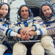 Members of the ISS-66 mission. From left to right: actor Yulia Peresild, commander Anton Shkaplerov, and film director Klim Shipenko.
